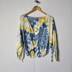 Indah Sz Small Yellow Blue Tie Dye Rayon Womens Long Sleeve Top Button Up